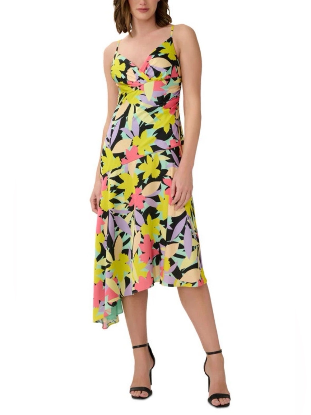 Aidan by Aidan Mattox Asymmetrical Midi Dress Coral Multi Size 2 EUC Date Night